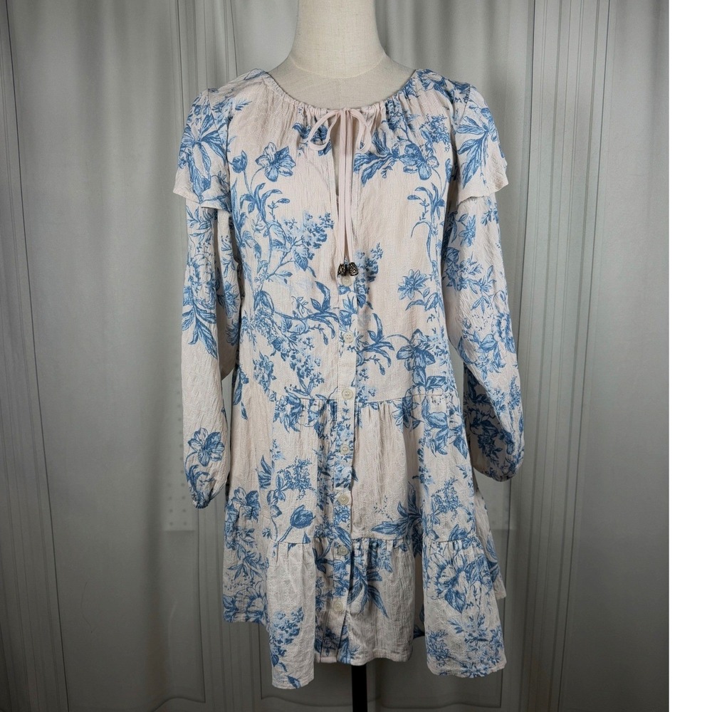 Free People Country Blue & Cream Toile Mini Dress - XS